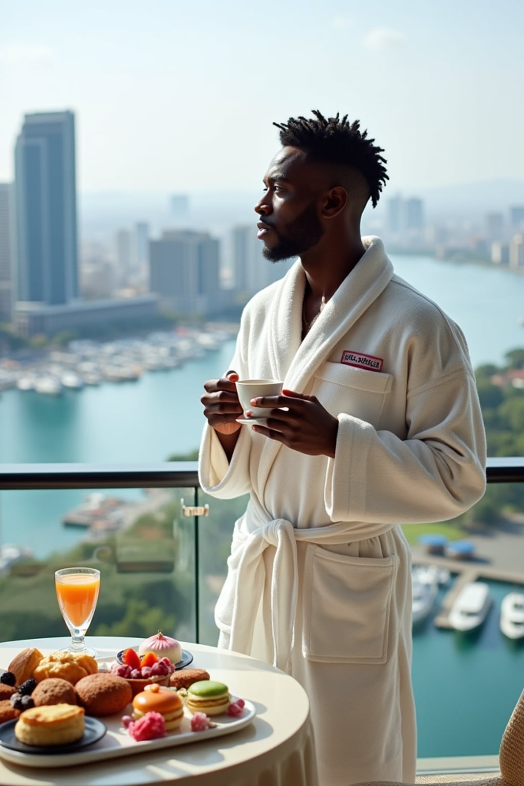 man standing on a luxurious balcony, overlooking a vibrant marina and modern skyscrapers. The man is wearing  a white robe with neatly styled hair, holding a coffee cup in one hand. A lavish breakfast tray with fresh pastries, colorful fruits, macarons, and beverages is elegantly set on a table in the foreground. The atmosphere is serene, with soft daylight enhancing the opulent cityscape and indulgent setting