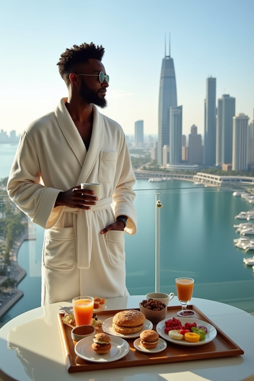 man standing on a luxurious balcony, overlooking a vibrant marina and modern skyscrapers. The man is wearing  a white robe with neatly styled hair, holding a coffee cup in one hand. A lavish breakfast tray with fresh pastries, colorful fruits, macarons, and beverages is elegantly set on a table in the foreground. The atmosphere is serene, with soft daylight enhancing the opulent cityscape and indulgent setting
