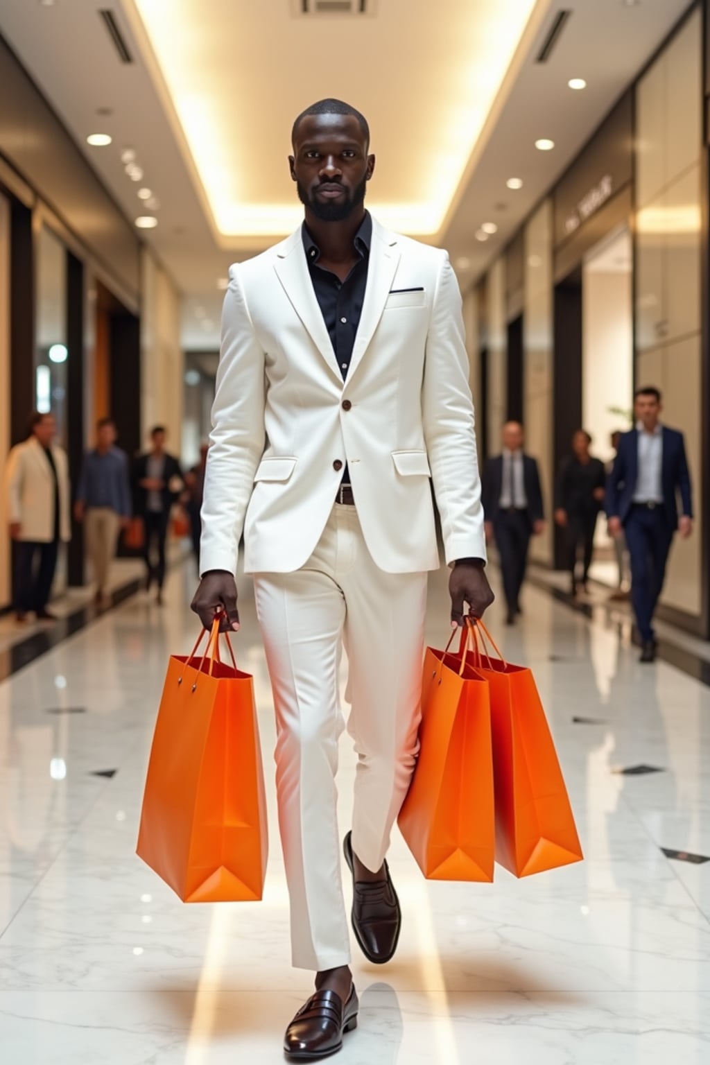 man wearing  fitted white suit with loafers, holding many big orange luxury brand shopping bags in marble floor large luxury mall.