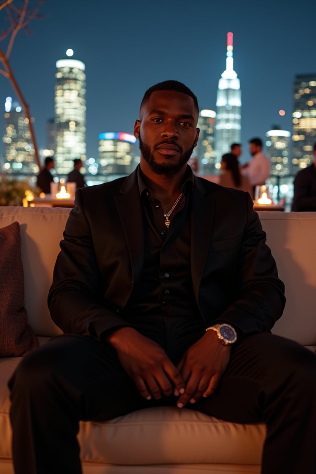 man sitting on an elegant outdoor couch in a luxurious setting. man is wearing a stylish black outfit. The backdrop features a stunning city skyline at night, with brightly lit skyscrapers creating a sophisticated ambiance. The scene suggests an upscale lounge or rooftop setting, with ambient lighting and other patrons visible in the background. The overall vibe is relaxed yet classy, emphasizing luxury and exclusivity.