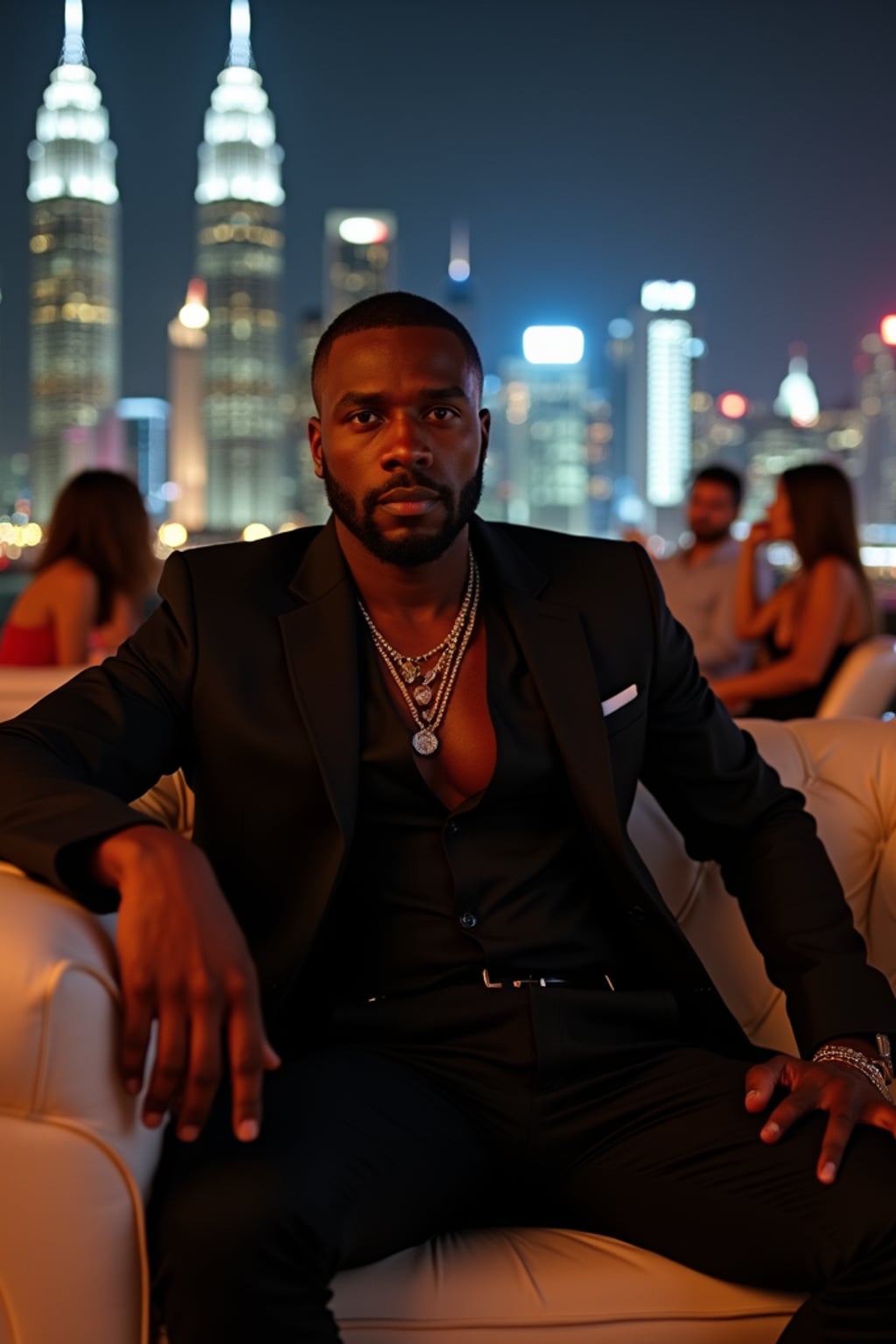 man sitting on an elegant outdoor couch in a luxurious setting. man is wearing a stylish black outfit. The backdrop features a stunning city skyline at night, with brightly lit skyscrapers creating a sophisticated ambiance. The scene suggests an upscale lounge or rooftop setting, with ambient lighting and other patrons visible in the background. The overall vibe is relaxed yet classy, emphasizing luxury and exclusivity.
