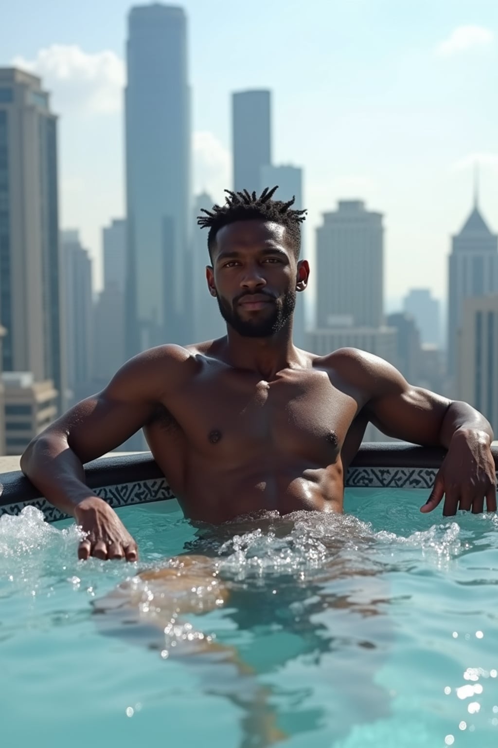 man relaxing in a rooftop jacuzzi with a modern city skyline in the background. mans leans casually on the edge of the jacuzzi, with water bubbling around them. The backdrop showcases tall skyscrapers and an urban environment under bright daylight, creating a luxurious, high-end vibe.