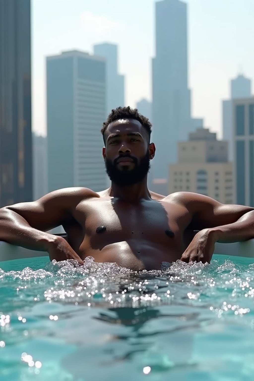 man relaxing in a rooftop jacuzzi with a modern city skyline in the background. mans leans casually on the edge of the jacuzzi, with water bubbling around them. The backdrop showcases tall skyscrapers and an urban environment under bright daylight, creating a luxurious, high-end vibe.