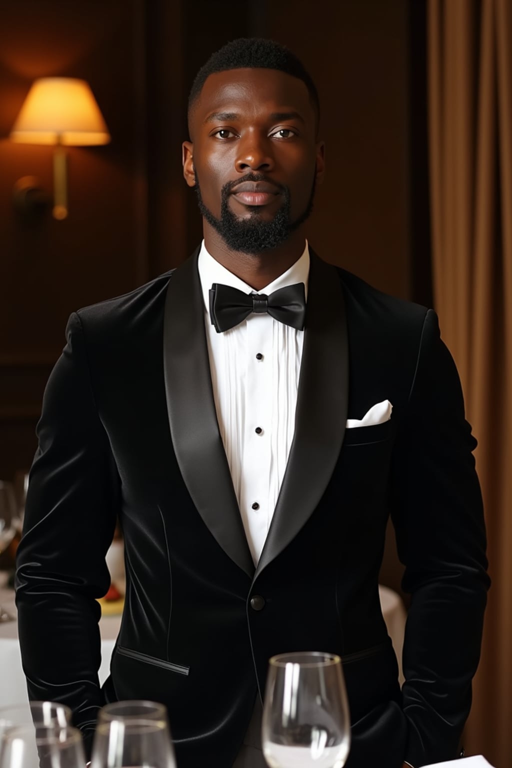 Full-body front view shot of man enjoying a luxury gala dinner, dressed as  a formal dinner jacket with a crisp white shirt. High end luxury restaurant.