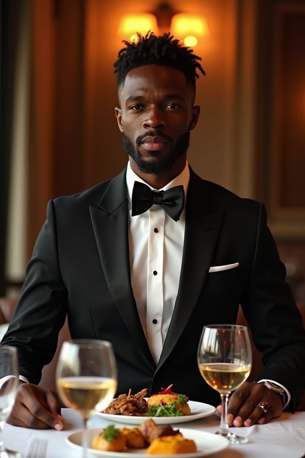 Full-body front view shot of man enjoying a luxury gala dinner, dressed as  a formal dinner jacket with a crisp white shirt. High end luxury restaurant.