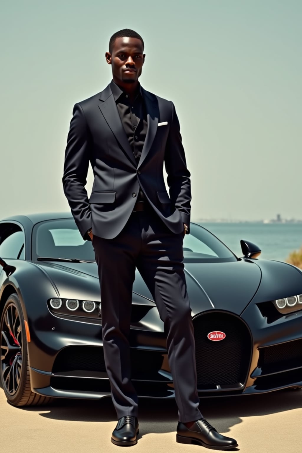 Full-body shot of a confident man standing next to a bugatti sports car. mans wears luxurious clothes
