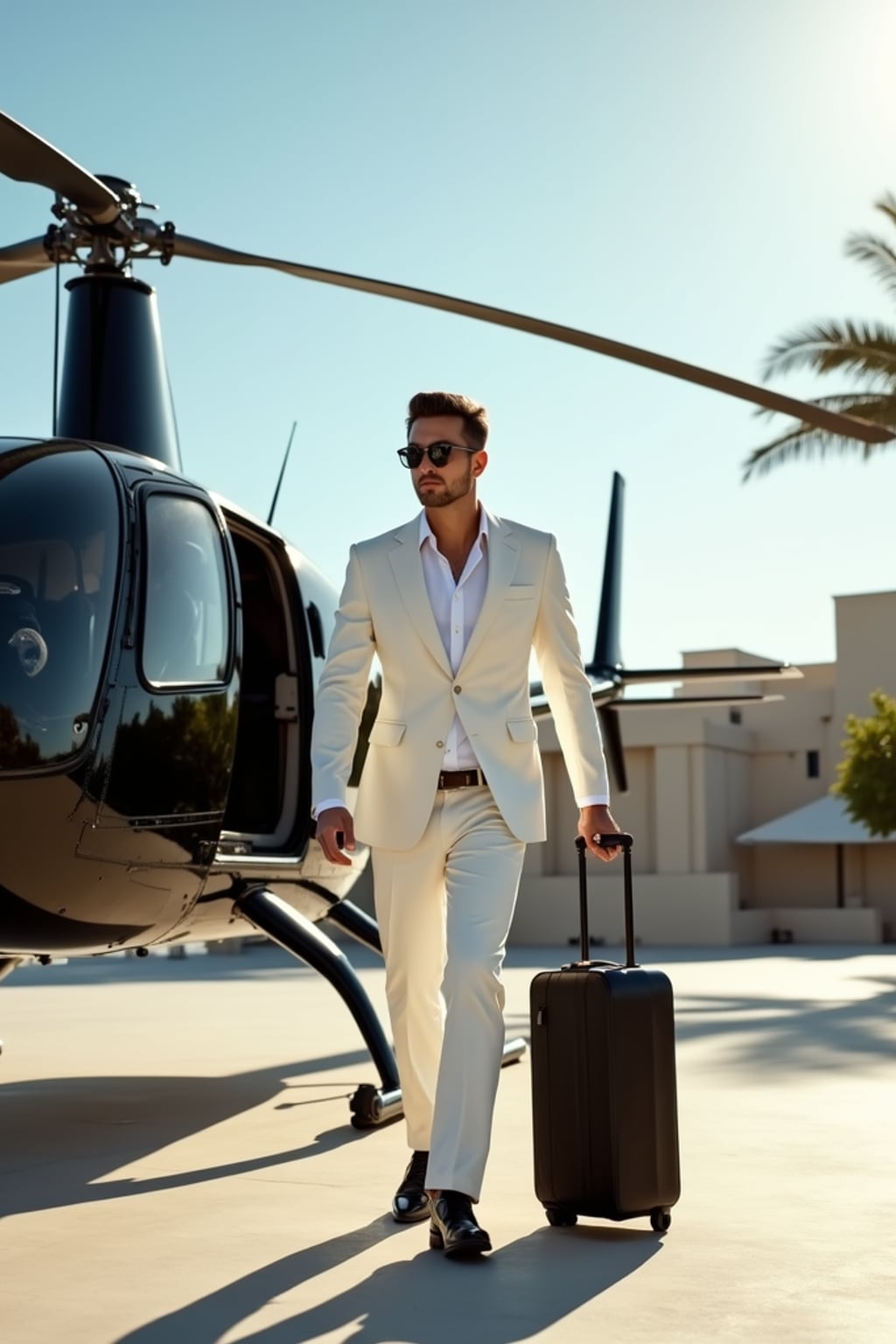 Full-body shot of a man stepping confidently away from a sleek, black helicopter on a luxurious helipad. The man is wearing  a tailored white suit with sunglasses, polished dress shoes and a stylish suitcase. The backdrop features a clear sky, palm trees, and a luxurious architectural setting, emphasizing a high-end, elite lifestyle. Dramatic sunlight enhances the glamorous scene