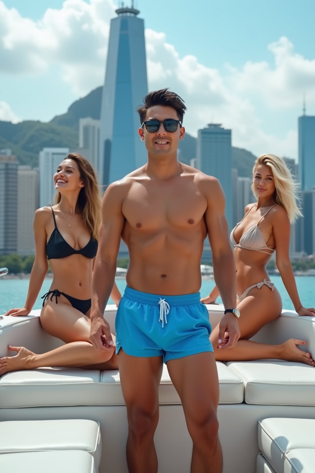 Full-body shot of a man in  blue swim shorts posing confidently on a luxury yacht, set against a stunning modern city skyline with tall skyscrapers. The man is surrounded by beautiful blonde women in bikini.