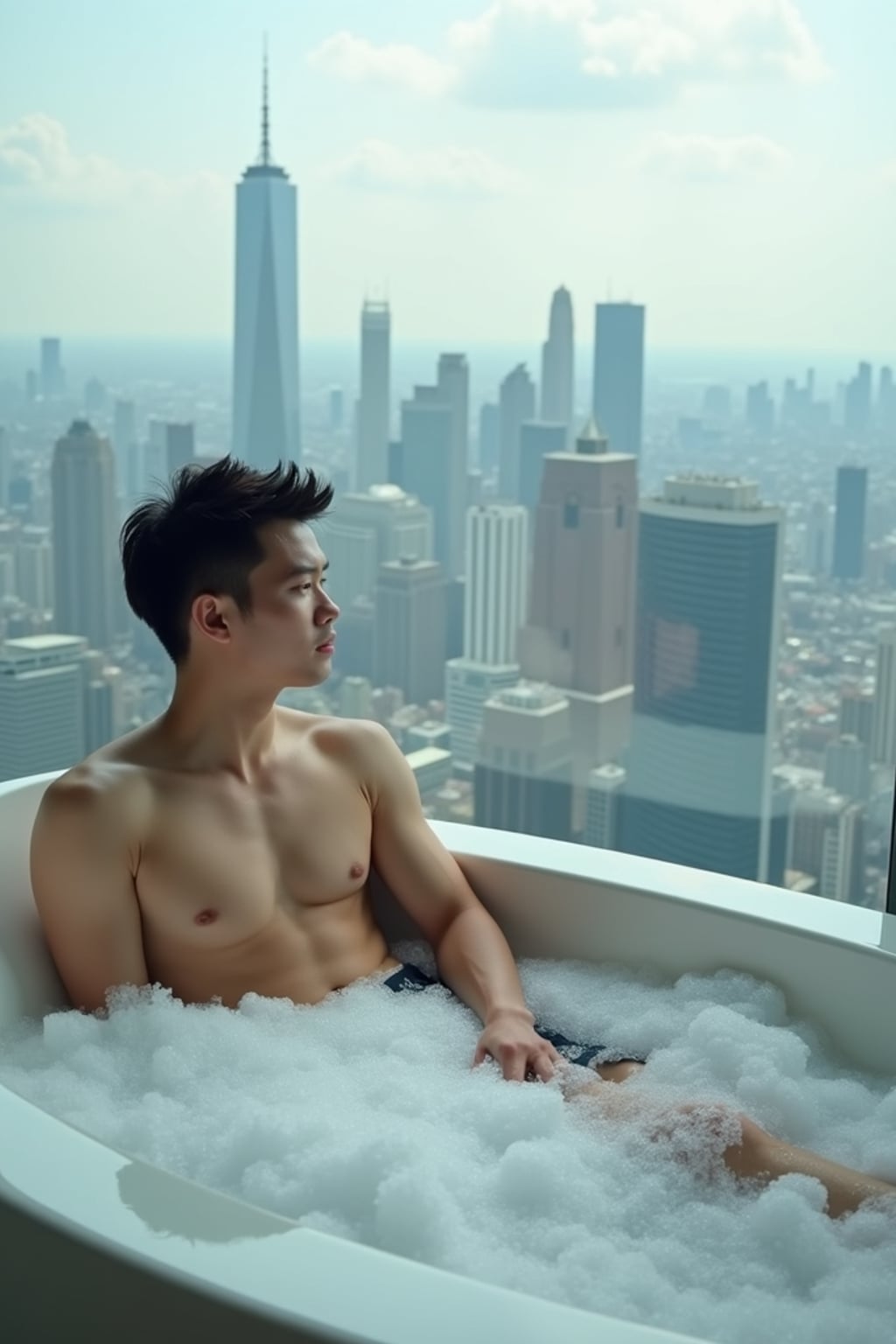 man wearing  swim shorts sitting in a luxurious bathtub filled with bubbles, overlooking a modern city skyline through a large glass window. The man has their hair styled neatly  short and neatly groomed, with the urban skyscrapers creating a striking backdrop. The atmosphere is serene, featuring soft daylight filtering through the window, emphasizing a sense of calm and exclusivity.
