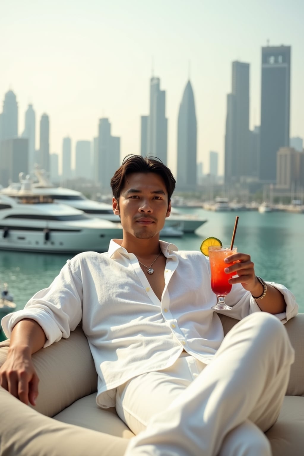 man lounging on a luxurious rooftop terrace overlooking a marina and a modern city skyline. The man is wearing  white loose linen attire, casually holding a tropical drink in one hand. The setting includes yachts in the marina below, tall skyscrapers in the distance, and soft daylight creating a serene and elegant atmosphere. Cinematic framing focuses on the relaxed pose and stunning urban backdrop of Dubai.
