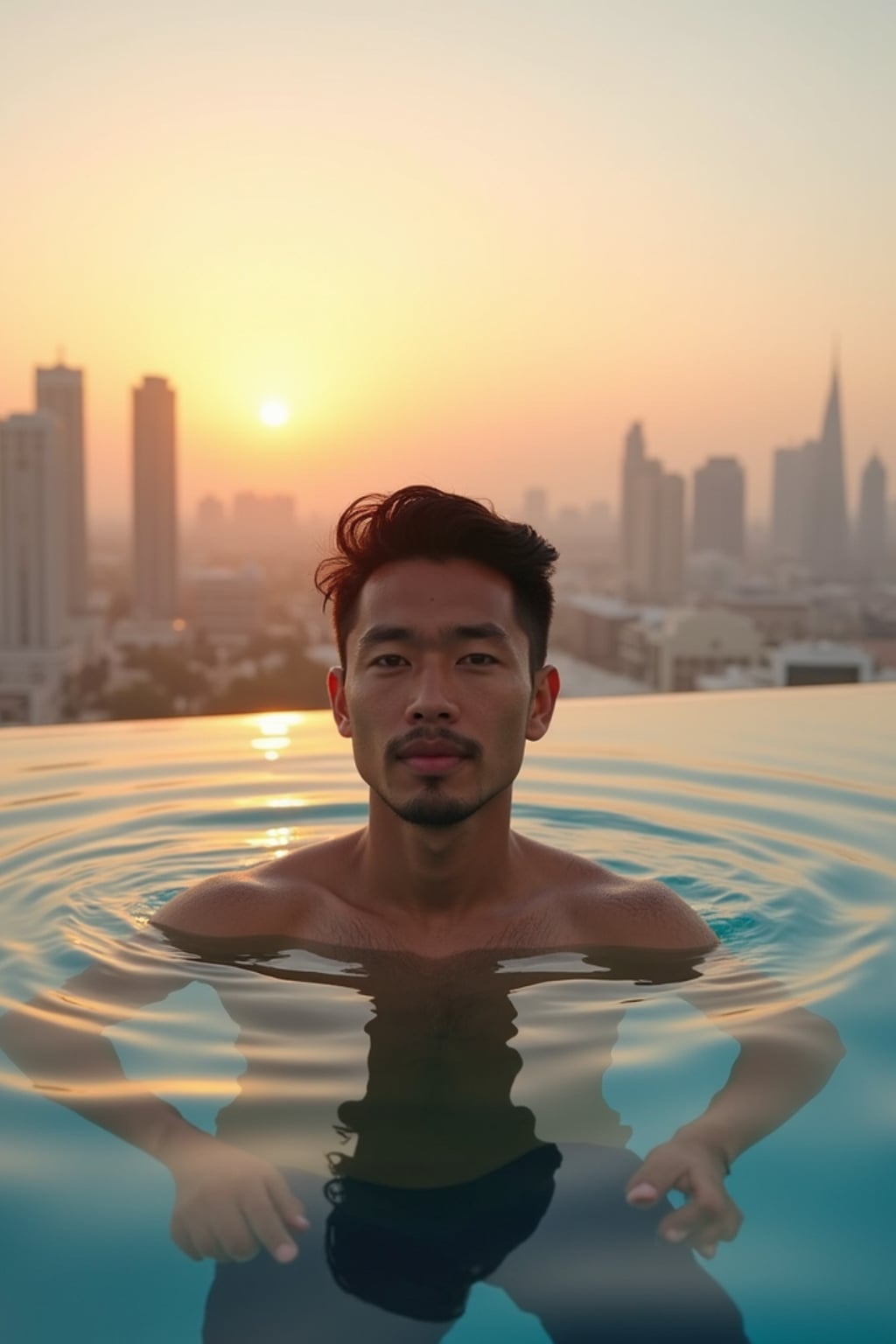 Full-body shot of man in infinity pool overlooking the skyline of Dubai at golden hour sunset. Model looks into the camera. upper body is outside the water.