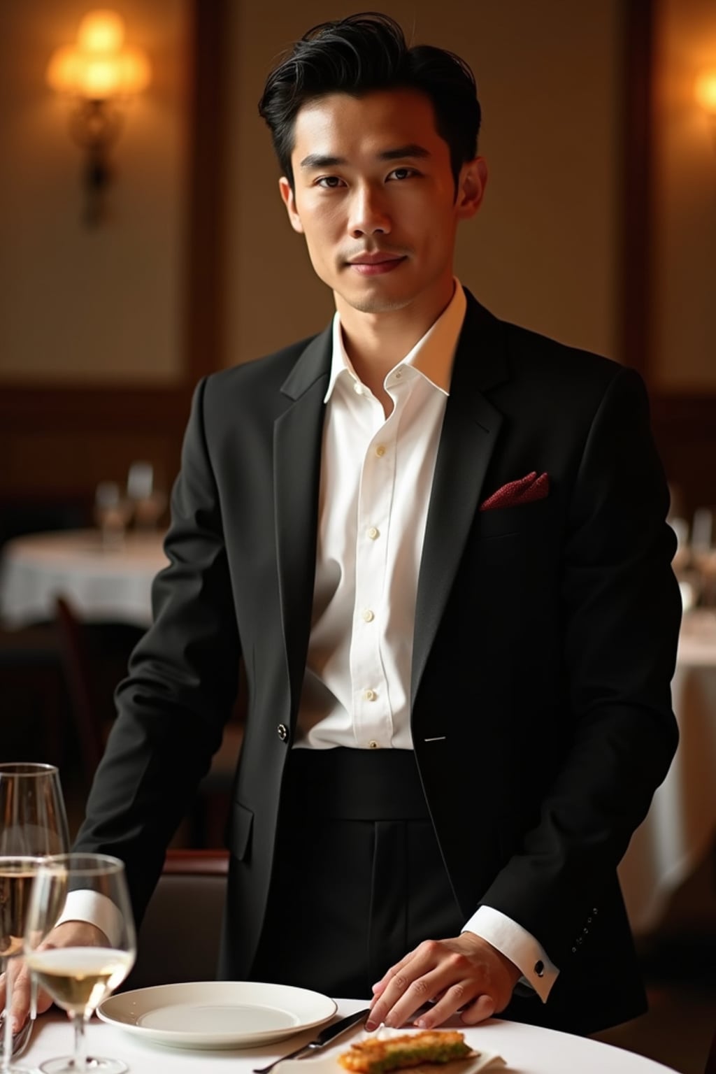 Full-body front view shot of man enjoying a luxury gala dinner, dressed as  a formal dinner jacket with a crisp white shirt. High end luxury restaurant.