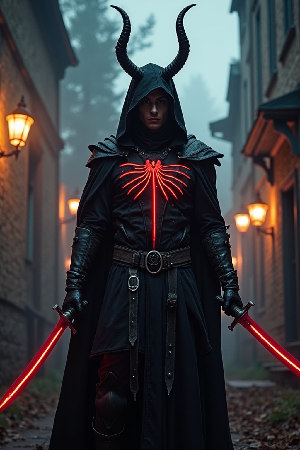 cosplayer man in a Halloween-themed cosplay, haunted house backdrop, wearing  a demon hunter costume with glowing runes, spooky lighting and props