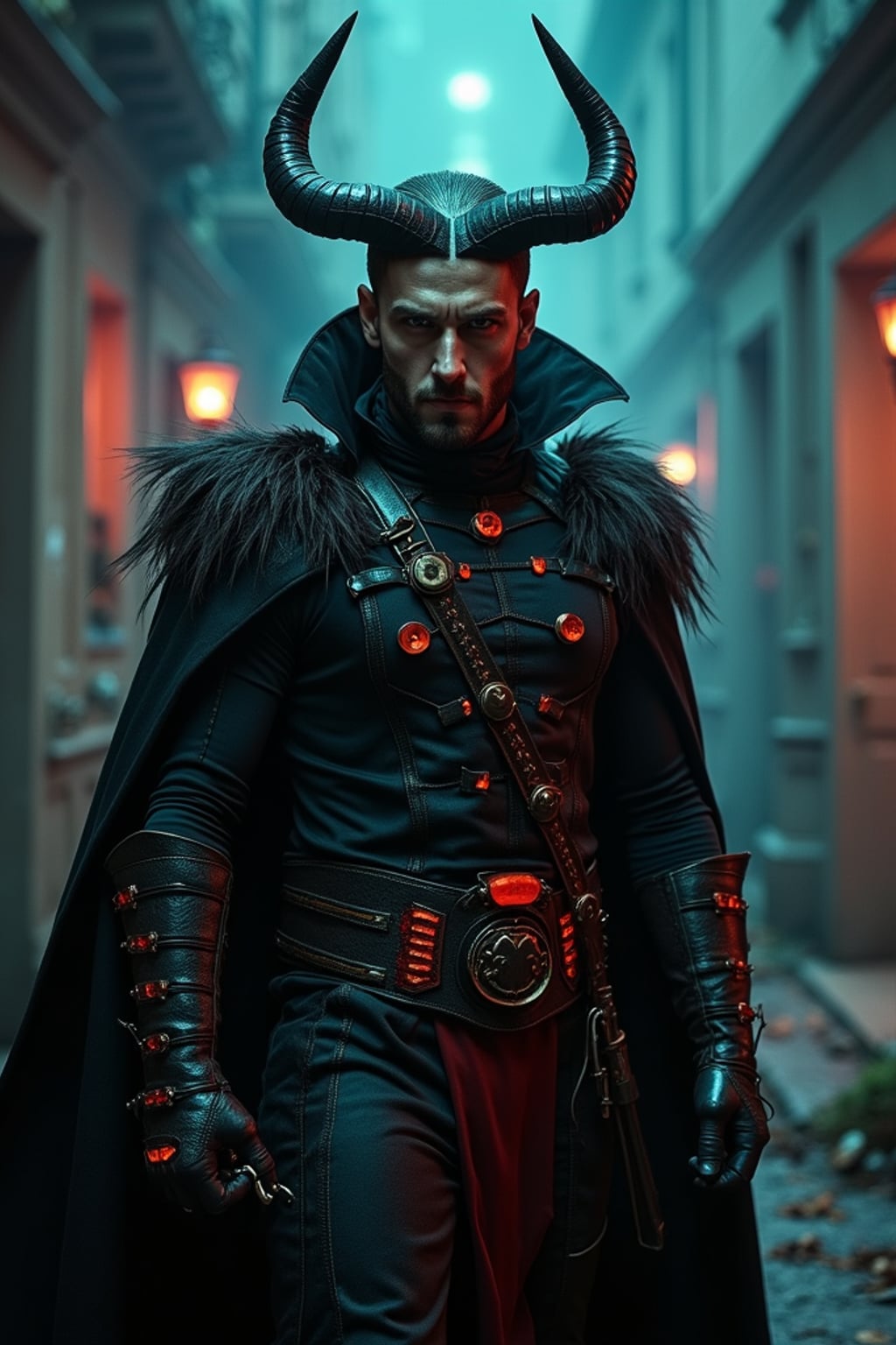 cosplayer man in a Halloween-themed cosplay, haunted house backdrop, wearing  a demon hunter costume with glowing runes, spooky lighting and props