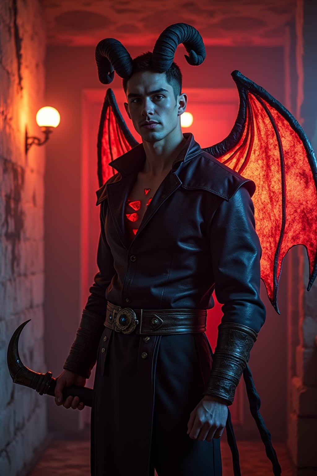 cosplayer man in a Halloween-themed cosplay, haunted house backdrop, wearing  a demon hunter costume with glowing runes, spooky lighting and props
