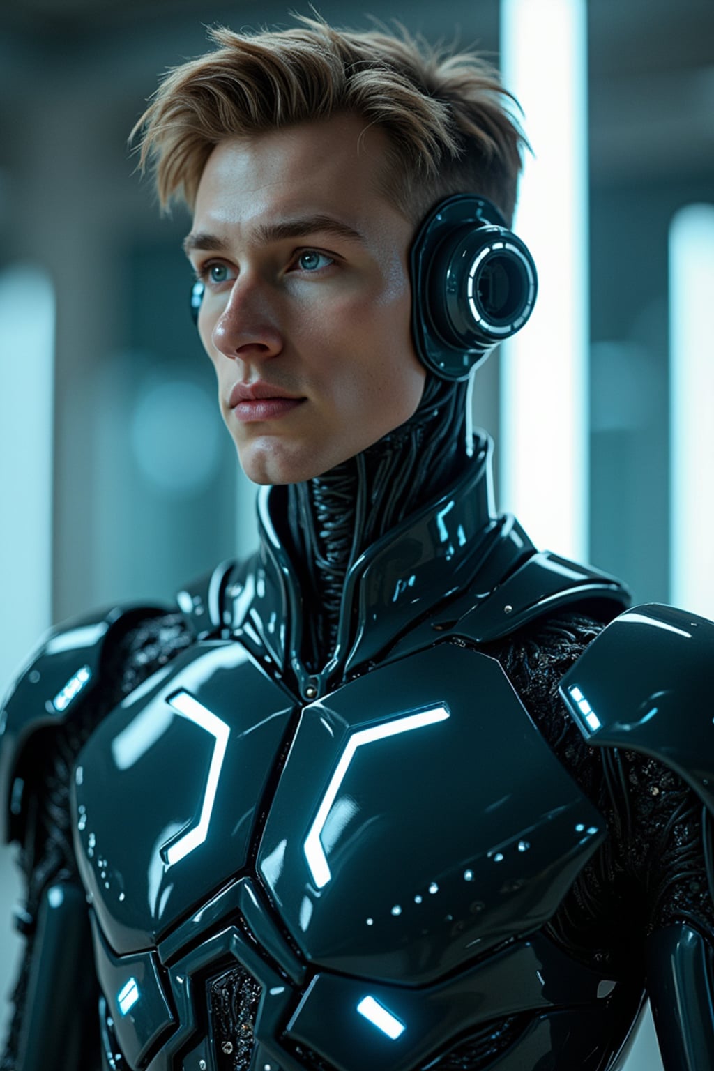 man as a futuristic AI, studio setup, wearing  a robotic exoskeleton with glowing circuits, sci-fi lighting and digital effects