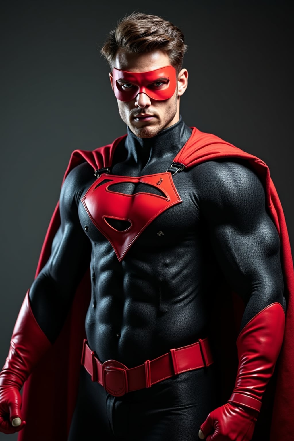 man as comic book hero, studio lights, wearing  a bold superhero suit with a mask and gloves, action pose, dramatic shadows