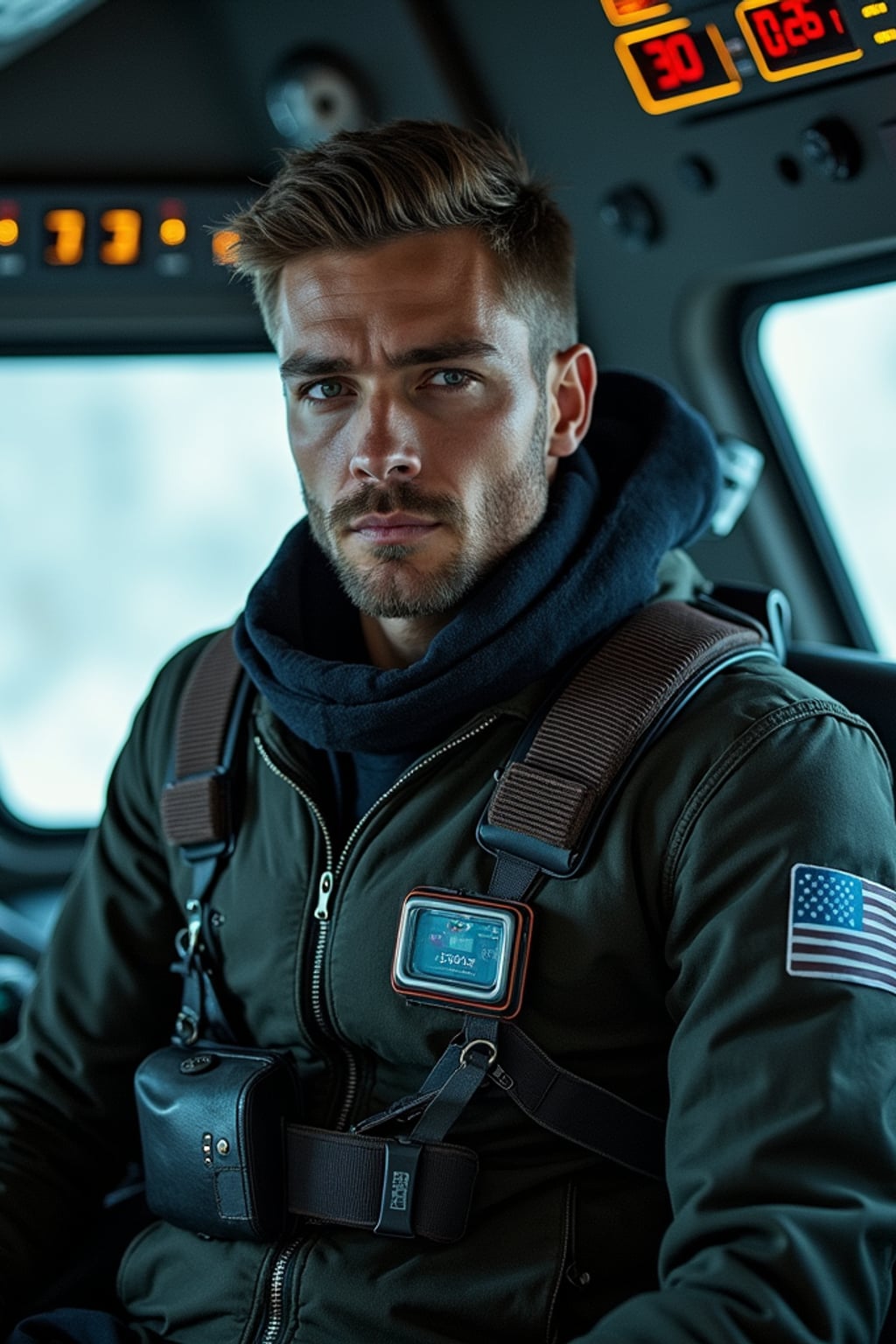 man as sci-fi pilot in a spaceship cockpit set, wearing  a rugged pilot uniform with tech gadgets, dramatic lighting, space-themed props