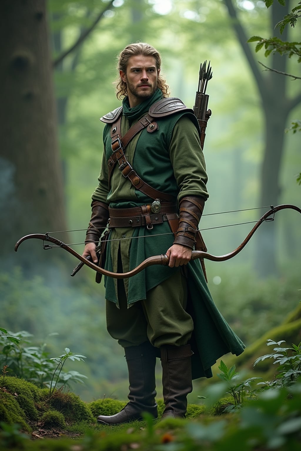 cosplayer man in a fantasy forest setting, wearing  a ranger outfit with a bow and quiver, surrounded by magical effects and greenery