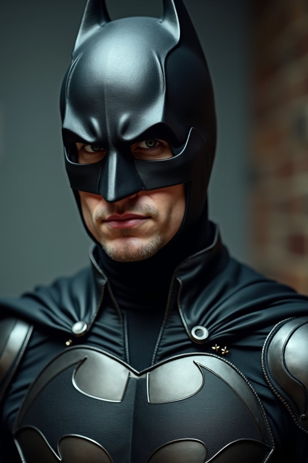 man at a cosplay photo booth, wearing  a dark knight costume with metallic armor, soft focus background, emphasizing character detail