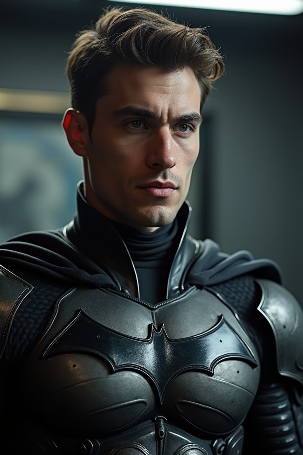 man at a cosplay photo booth, wearing  a dark knight costume with metallic armor, soft focus background, emphasizing character detail