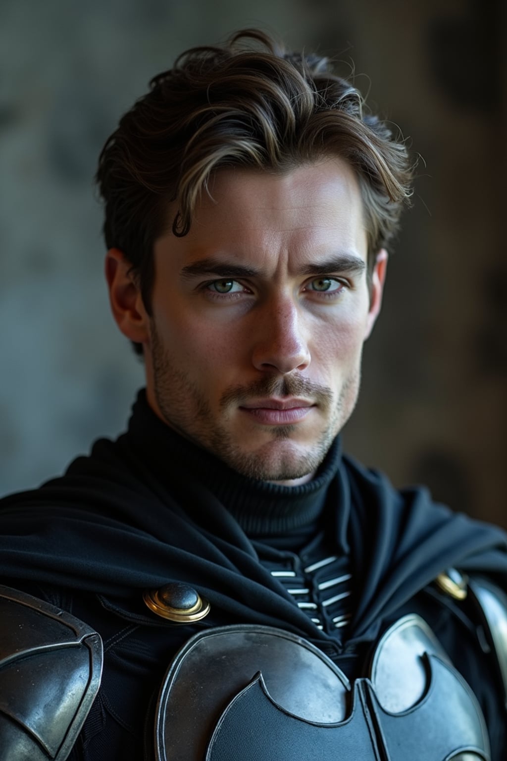 man at a cosplay photo booth, wearing  a dark knight costume with metallic armor, soft focus background, emphasizing character detail