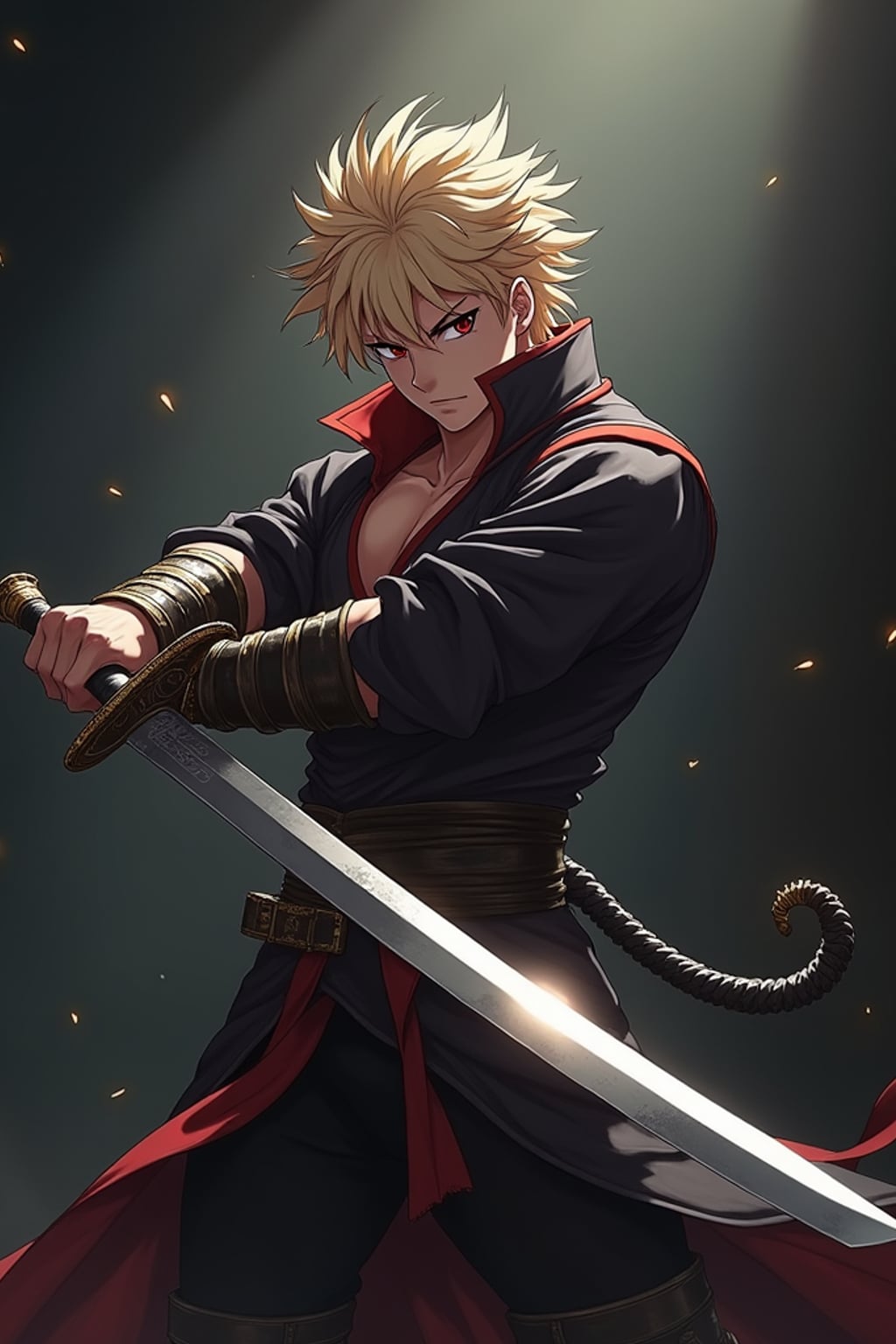 man as anime hero, studio lights, wearing  a shonen warrior outfit with oversized sword, dramatic lighting, posing in a power stance
