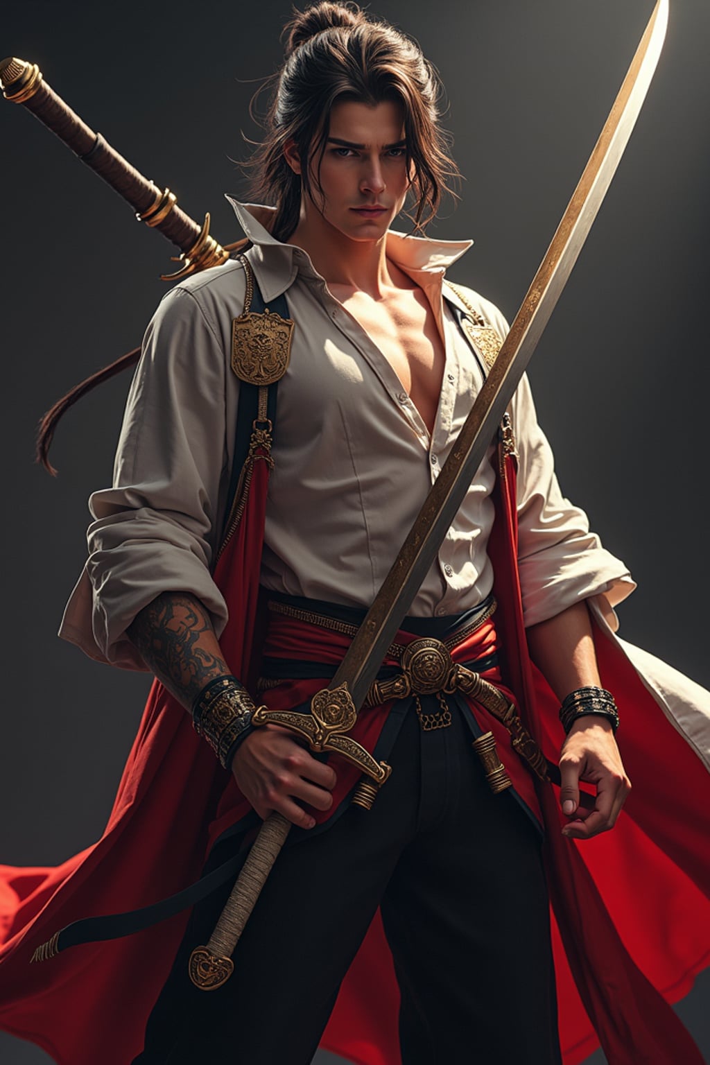 man as anime hero, studio lights, wearing  a shonen warrior outfit with oversized sword, dramatic lighting, posing in a power stance