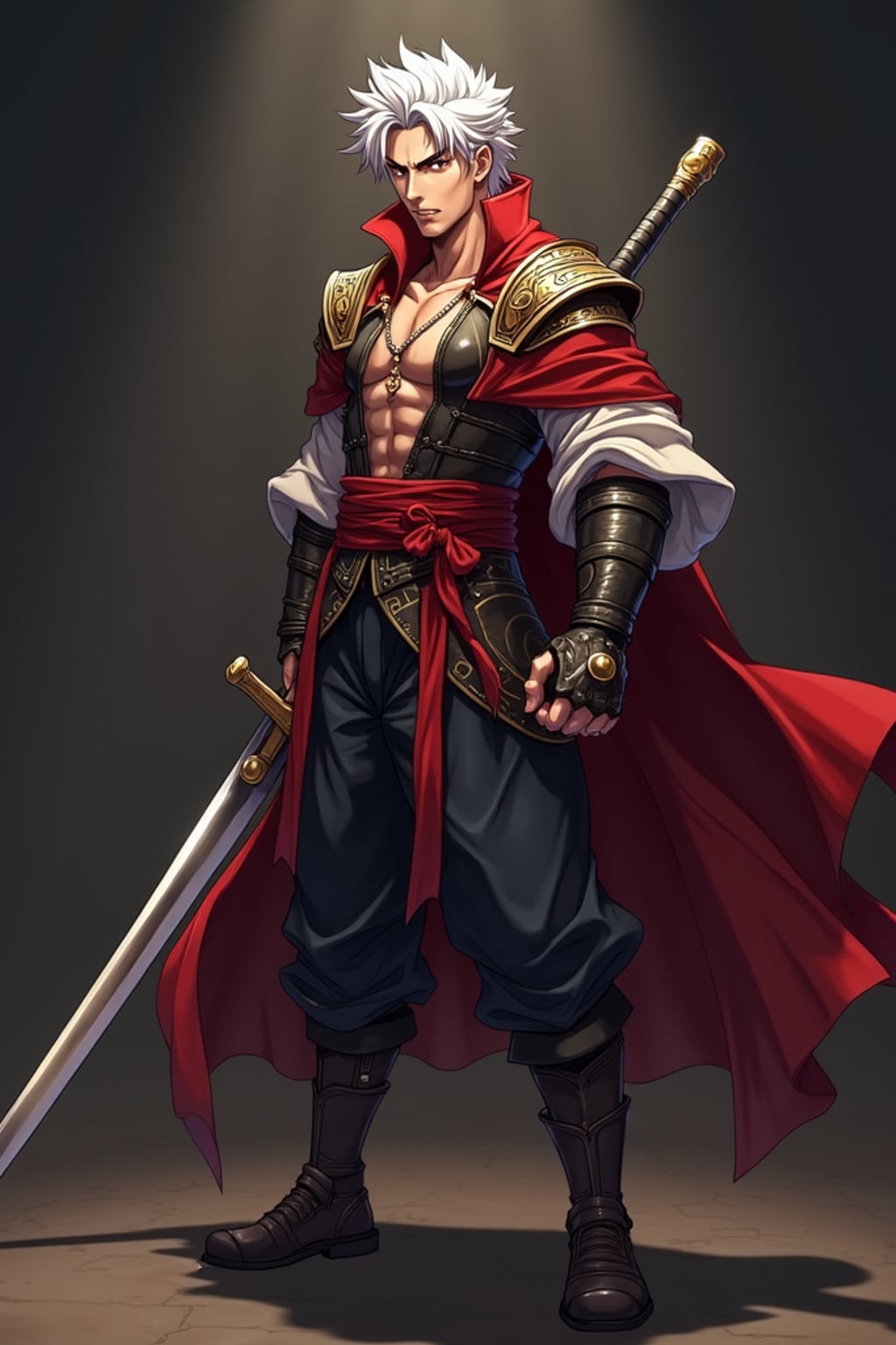 man as anime hero, studio lights, wearing  a shonen warrior outfit with oversized sword, dramatic lighting, posing in a power stance