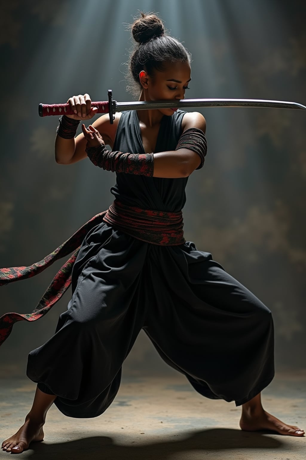 cosplayer woman in a dynamic action pose, wearing a ninja outfit with a katana and flowing sash , studio lights and dramatic backdrop