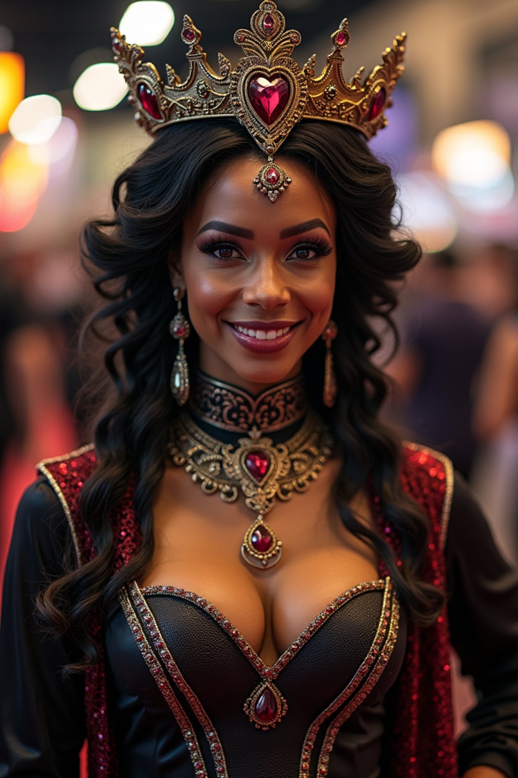 woman in cosplay group photo, wearing a villainous empress outfit with intricate details , interacting with other cosplayers, vibrant and fun atmosphere