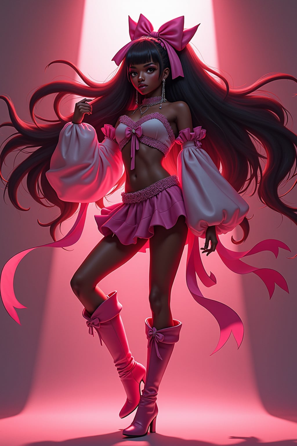 woman as anime hero, studio lights, wearing a magical girl outfit with flowing ribbons and knee-high boots , dramatic lighting, posing in a power stance