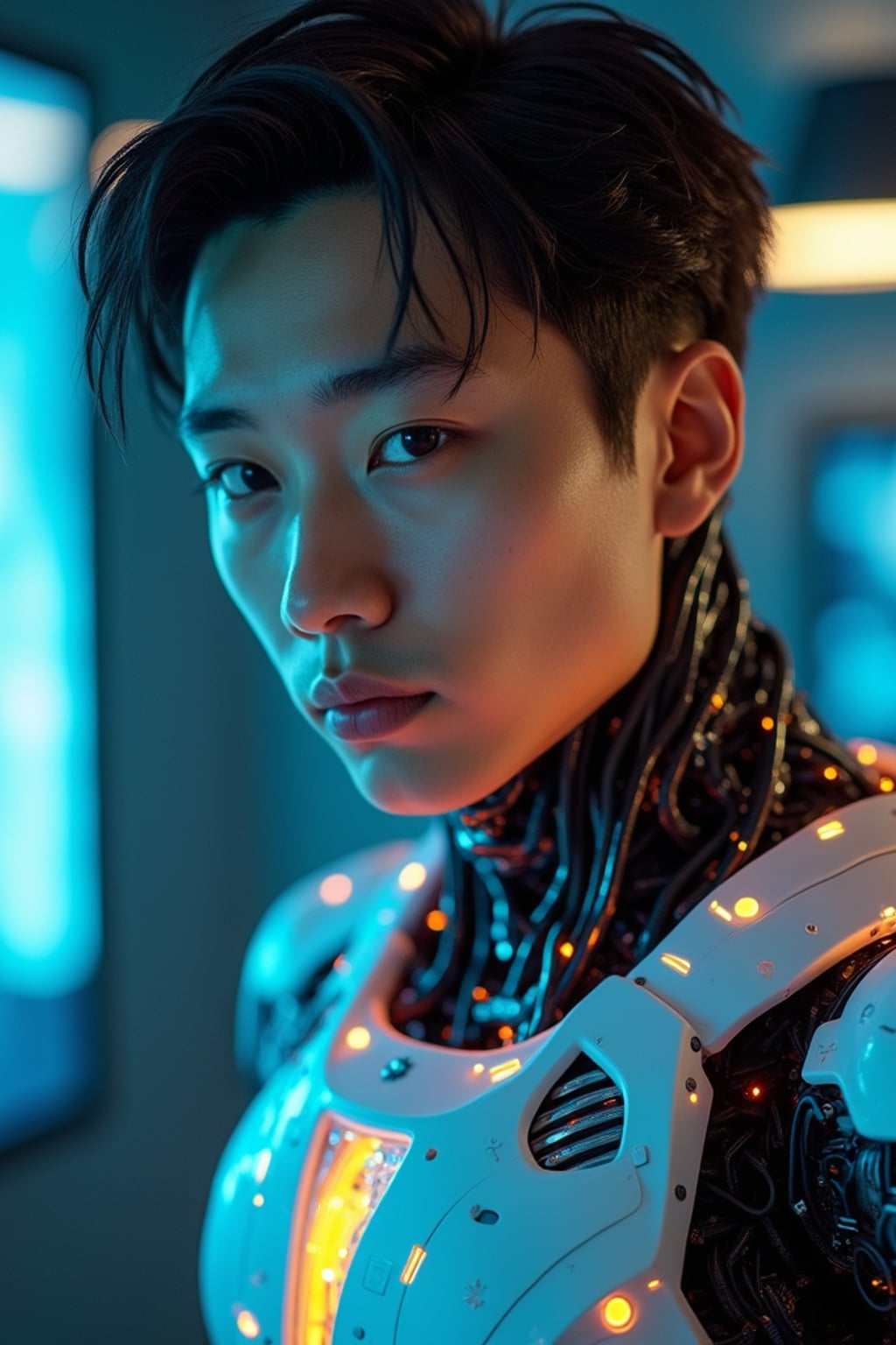 man as a futuristic AI, studio setup, wearing  a robotic exoskeleton with glowing circuits, sci-fi lighting and digital effects