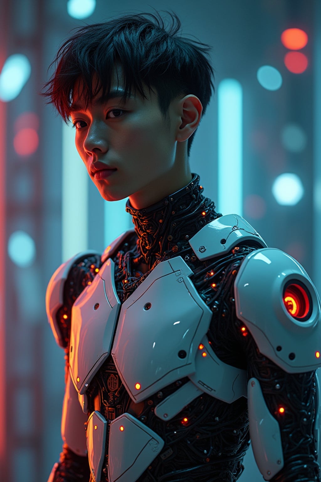 man as a futuristic AI, studio setup, wearing  a robotic exoskeleton with glowing circuits, sci-fi lighting and digital effects