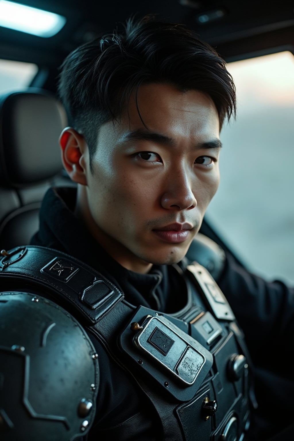 man as a mech pilot, studio setting, wearing  a rugged tactical suit with armor plates, dramatic lighting, cockpit background