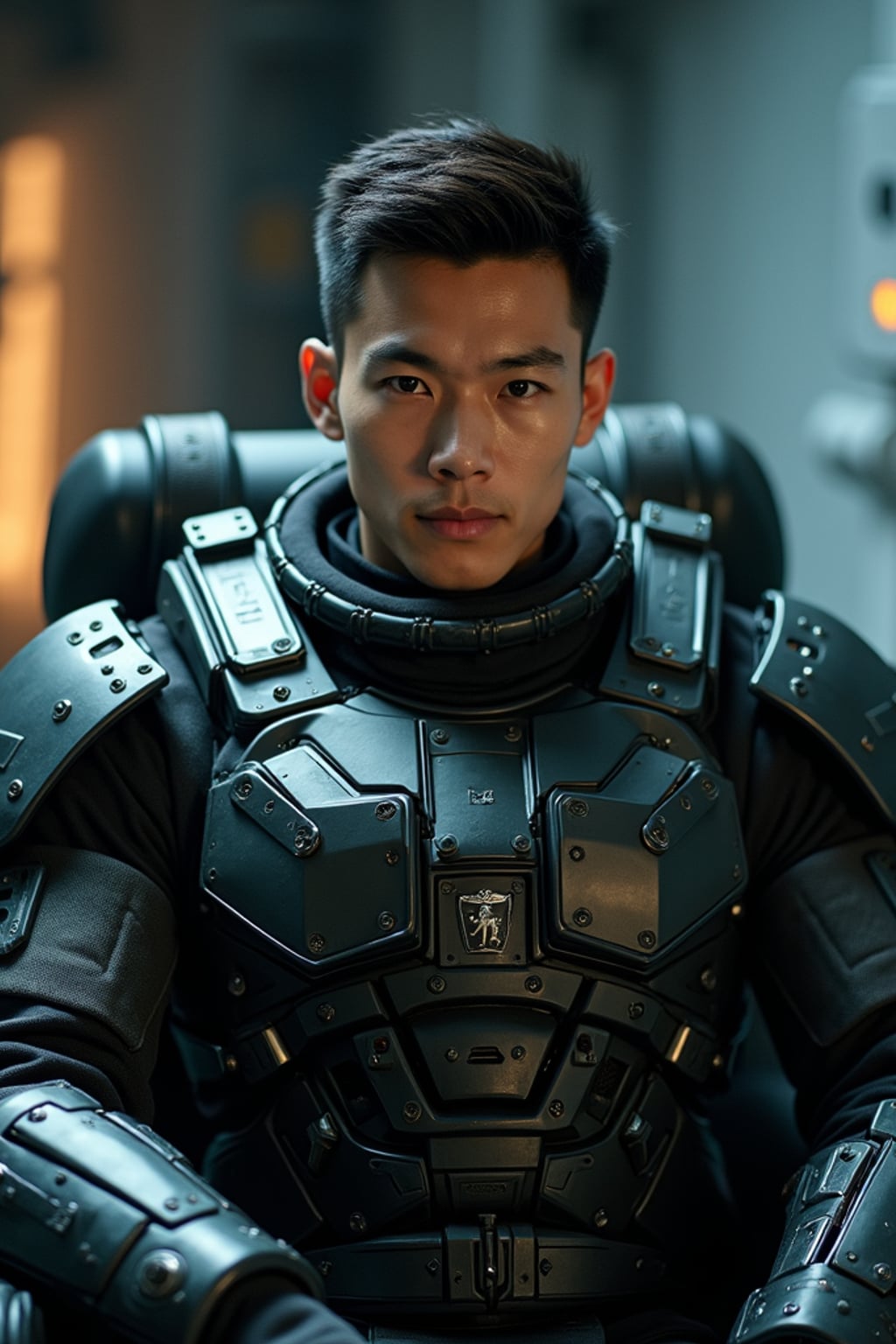 man as a mech pilot, studio setting, wearing  a rugged tactical suit with armor plates, dramatic lighting, cockpit background