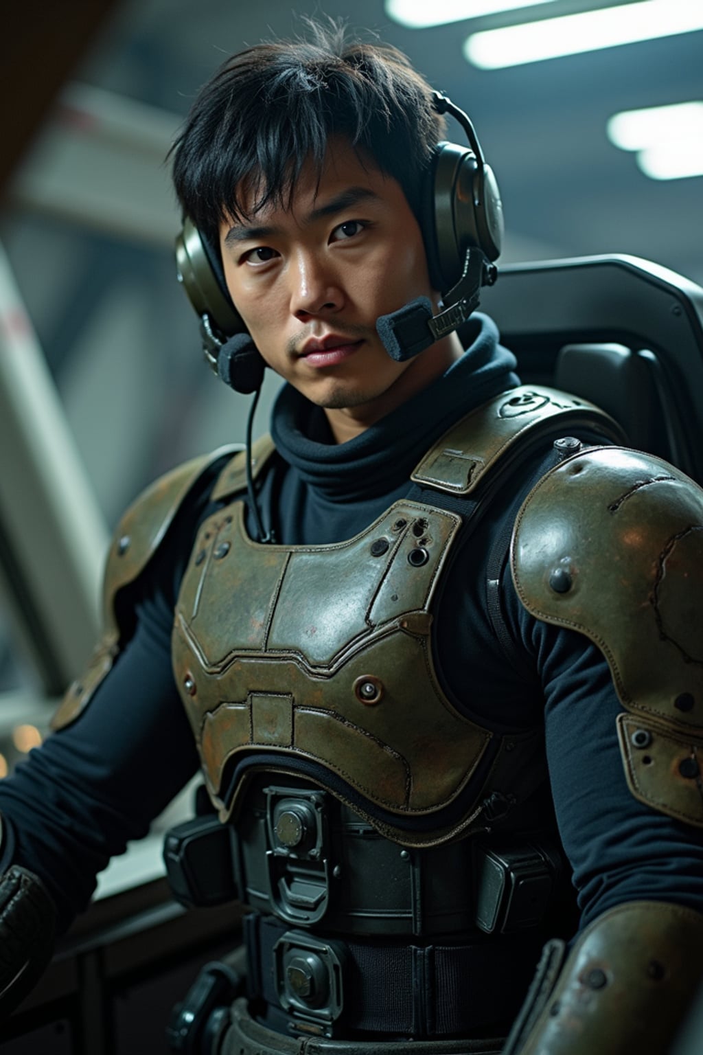 man as a mech pilot, studio setting, wearing  a rugged tactical suit with armor plates, dramatic lighting, cockpit background