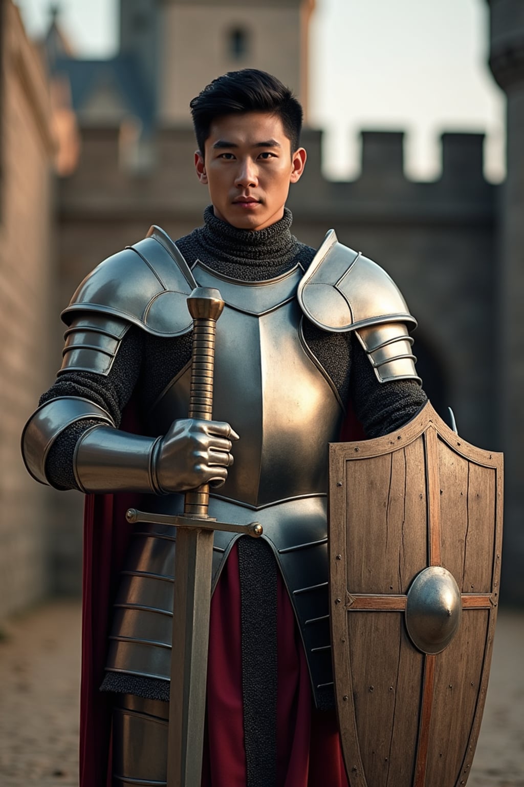 man as a historical character, castle backdrop, wearing  a knight’s armor with a shield and sword, posing regally
