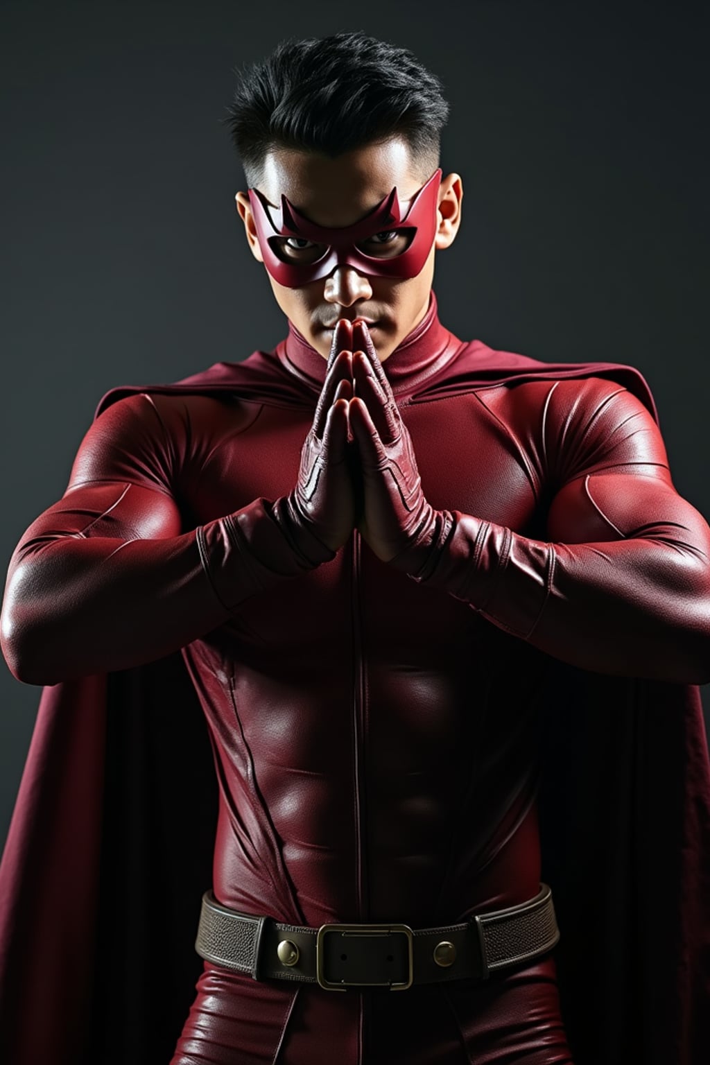 man as comic book hero, studio lights, wearing  a bold superhero suit with a mask and gloves, action pose, dramatic shadows