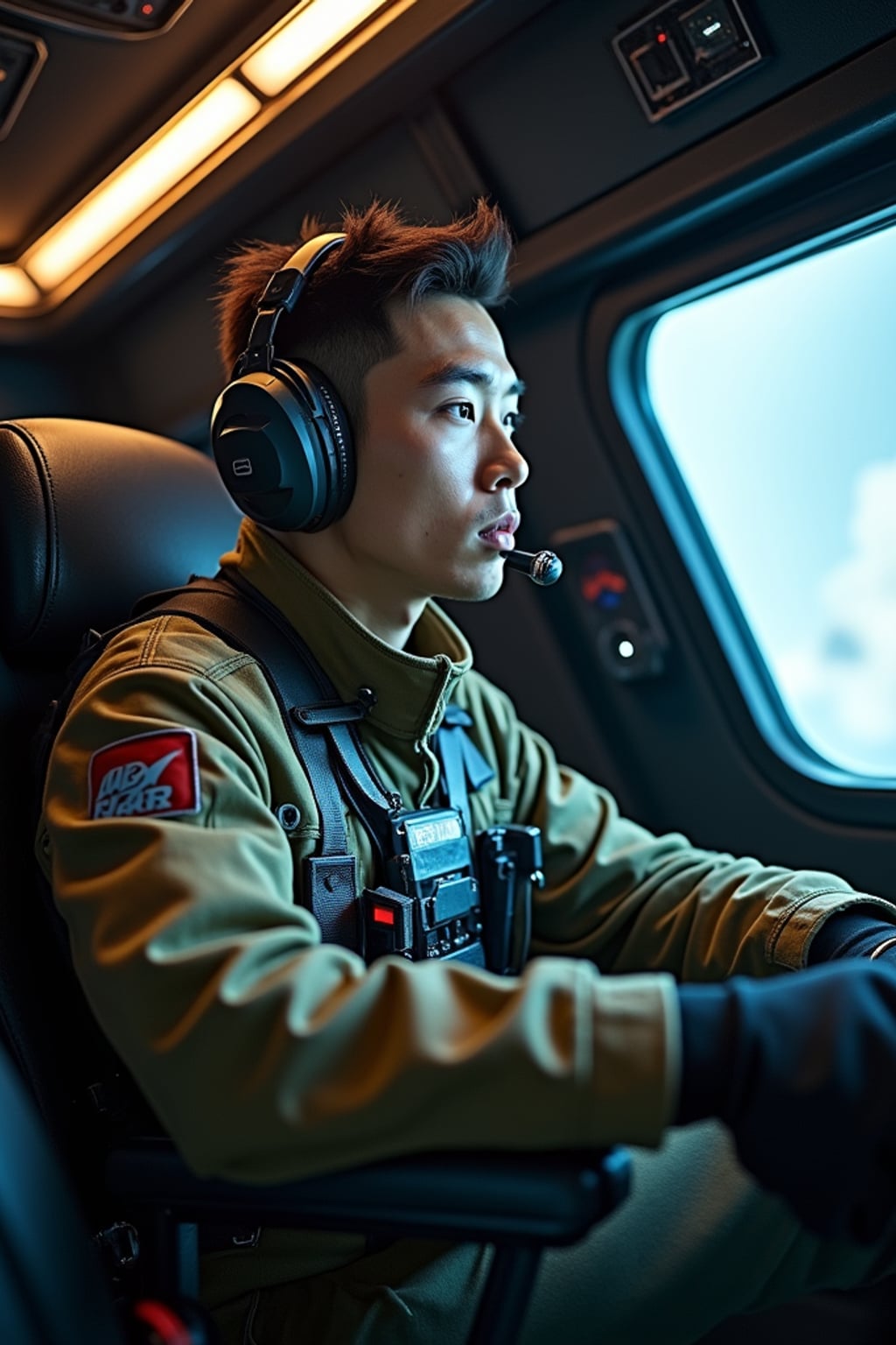 man as sci-fi pilot in a spaceship cockpit set, wearing  a rugged pilot uniform with tech gadgets, dramatic lighting, space-themed props