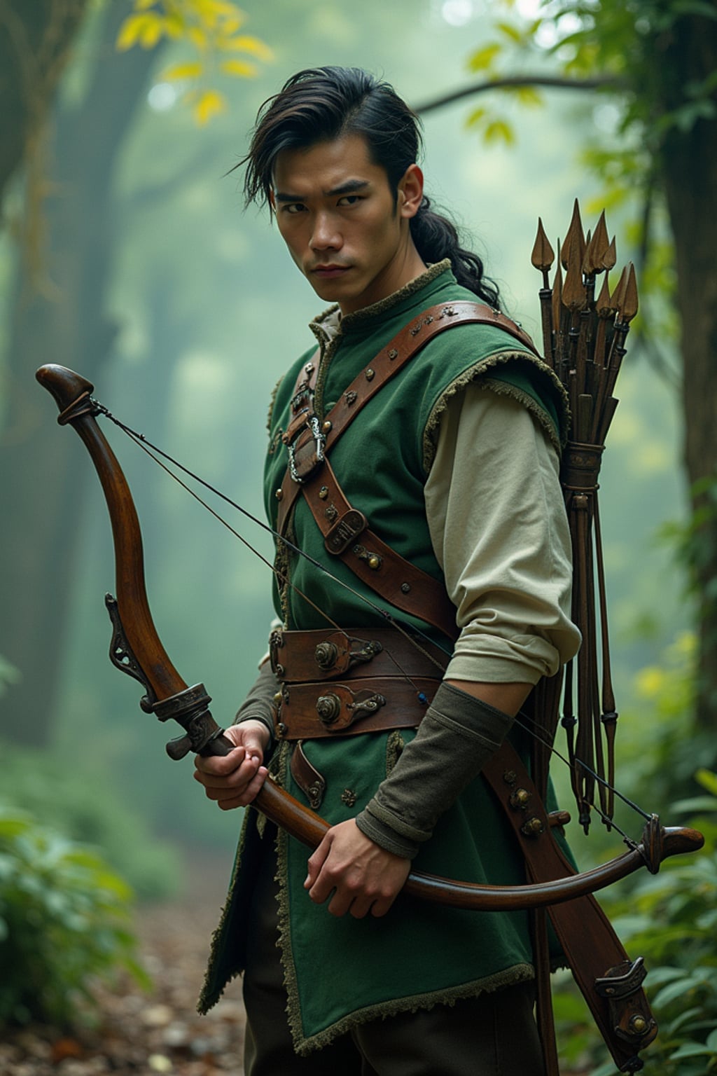 cosplayer man in a fantasy forest setting, wearing  a ranger outfit with a bow and quiver, surrounded by magical effects and greenery