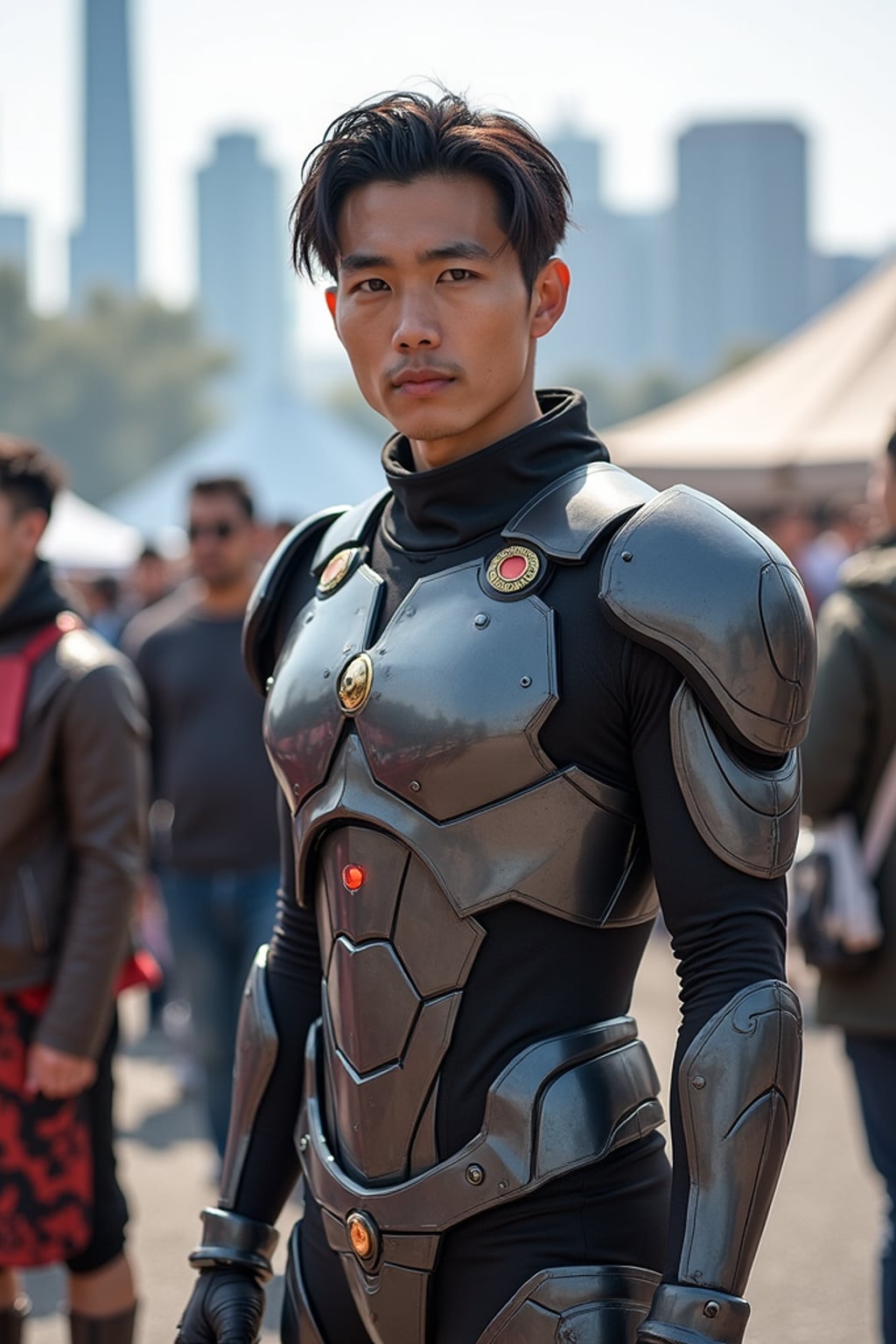 man as cosplayer at an outdoor convention, wearing  a futuristic armored suit, vibrant cosplay atmosphere, surrounded by fans and cosplayers, dynamic poses