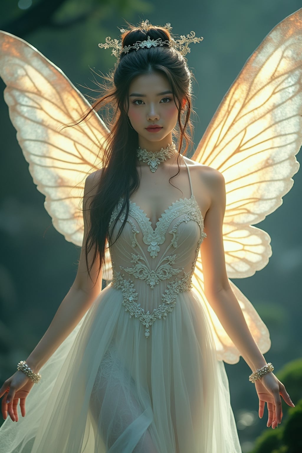woman as a mythical creature, outdoors in a mystical setting, wearing an ethereal fairy outfit with glowing wings , magical atmosphere