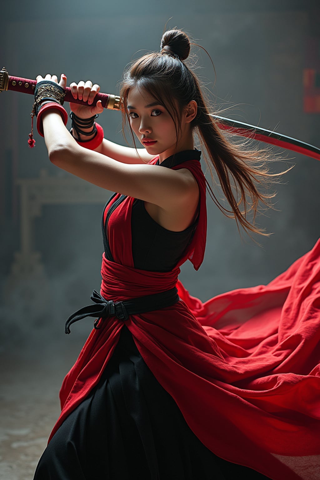 cosplayer woman in a dynamic action pose, wearing a ninja outfit with a katana and flowing sash , studio lights and dramatic backdrop