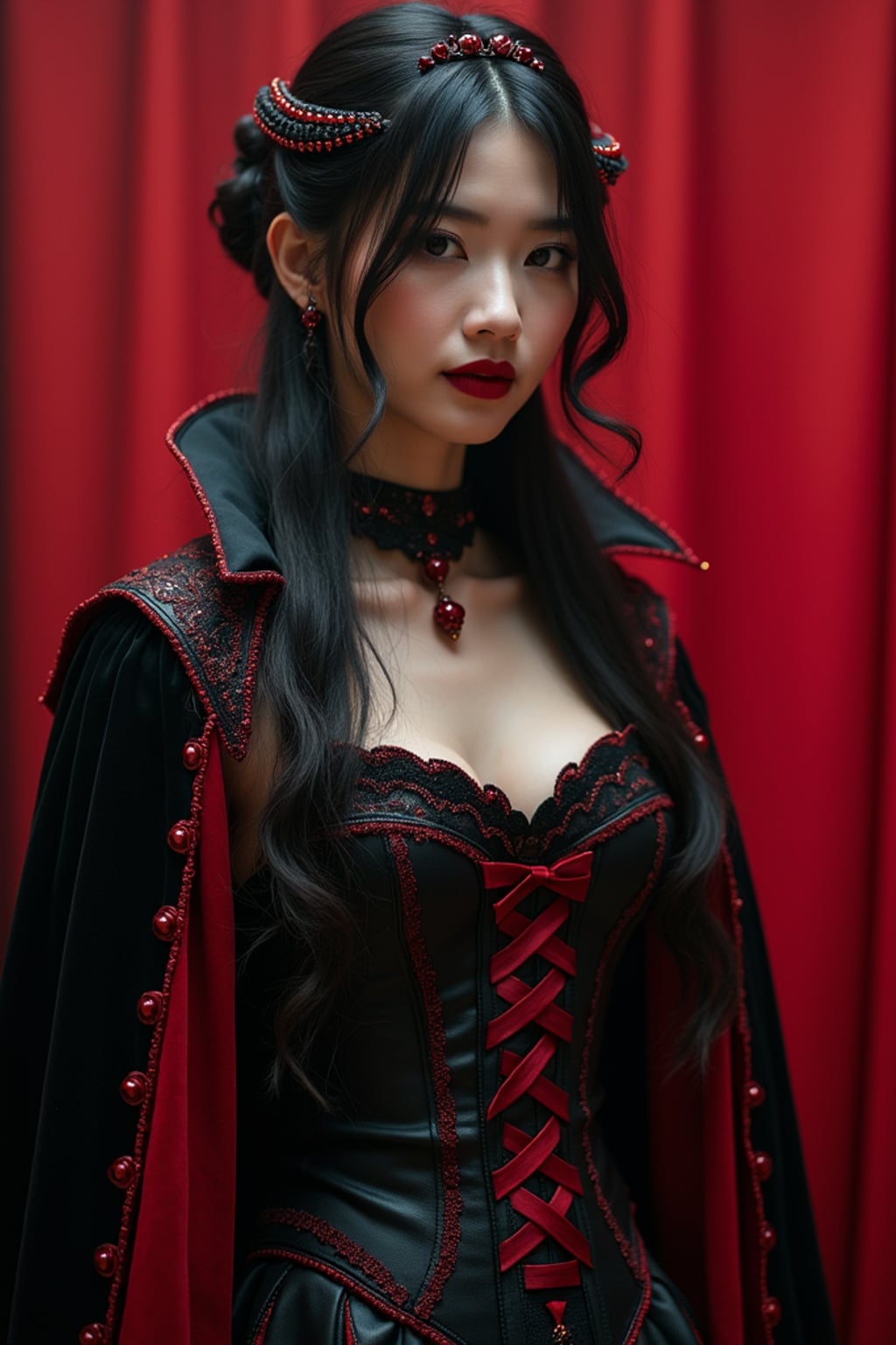 woman at a cosplay photo booth, wearing a vampire queen outfit with a corset and flowing cape , soft focus background, emphasizing character detail