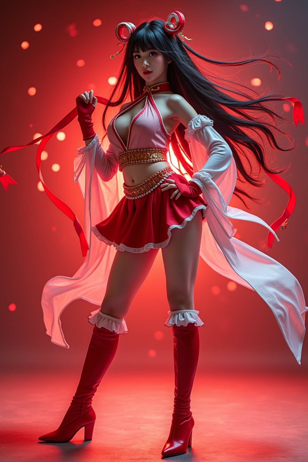 woman as anime hero, studio lights, wearing a magical girl outfit with flowing ribbons and knee-high boots , dramatic lighting, posing in a power stance