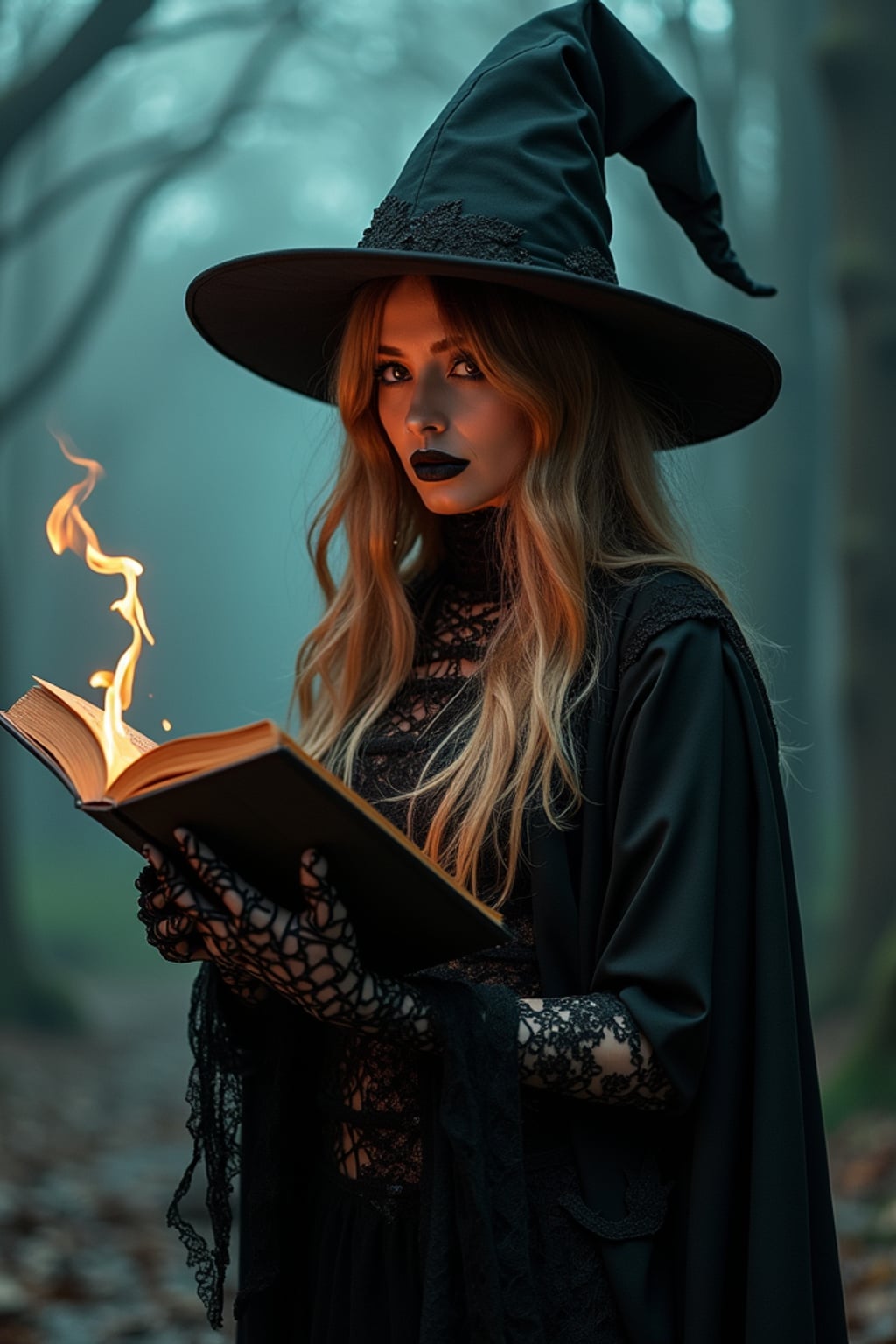 cosplayer woman in a Halloween-themed cosplay, haunted house backdrop, wearing a gothic witch outfit with a spellbook , spooky lighting and props