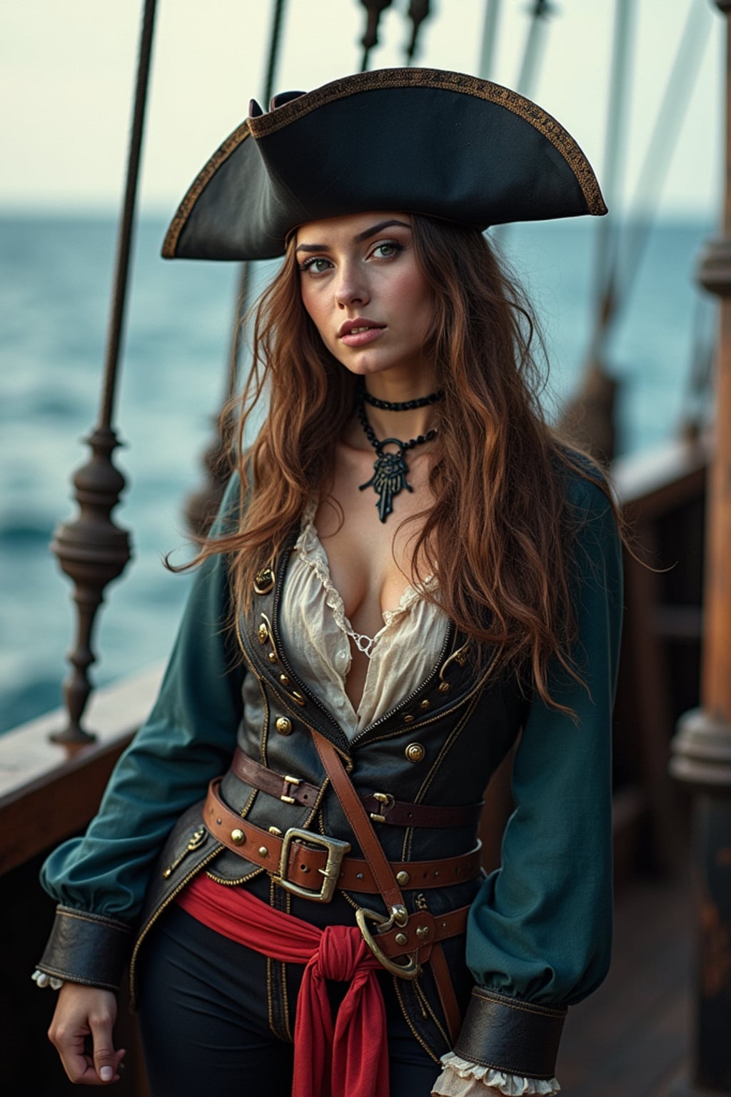 woman as a pirate, on a ship deck set, wearing a daring pirate captain outfit with a tricorne hat and sword , dramatic ocean-themed props