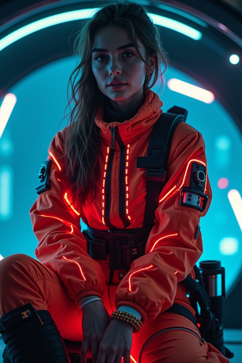 woman as a mech pilot, studio setting, wearing a neon-lit tech jumpsuit , dramatic lighting, cockpit background
