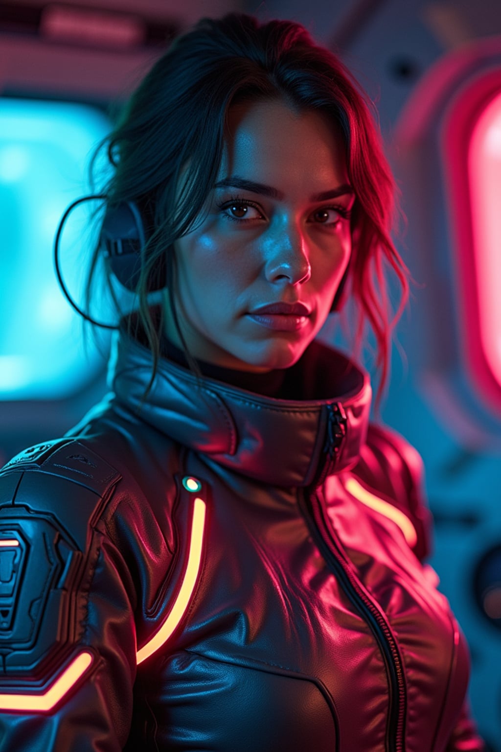 woman as a mech pilot, studio setting, wearing a neon-lit tech jumpsuit , dramatic lighting, cockpit background
